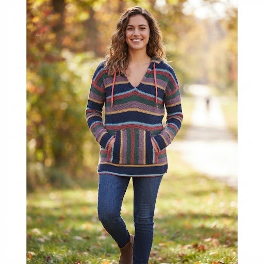 American Eagle Women Baja Hoodie Small Navy Multi Color Striped Knit Hippie Boho